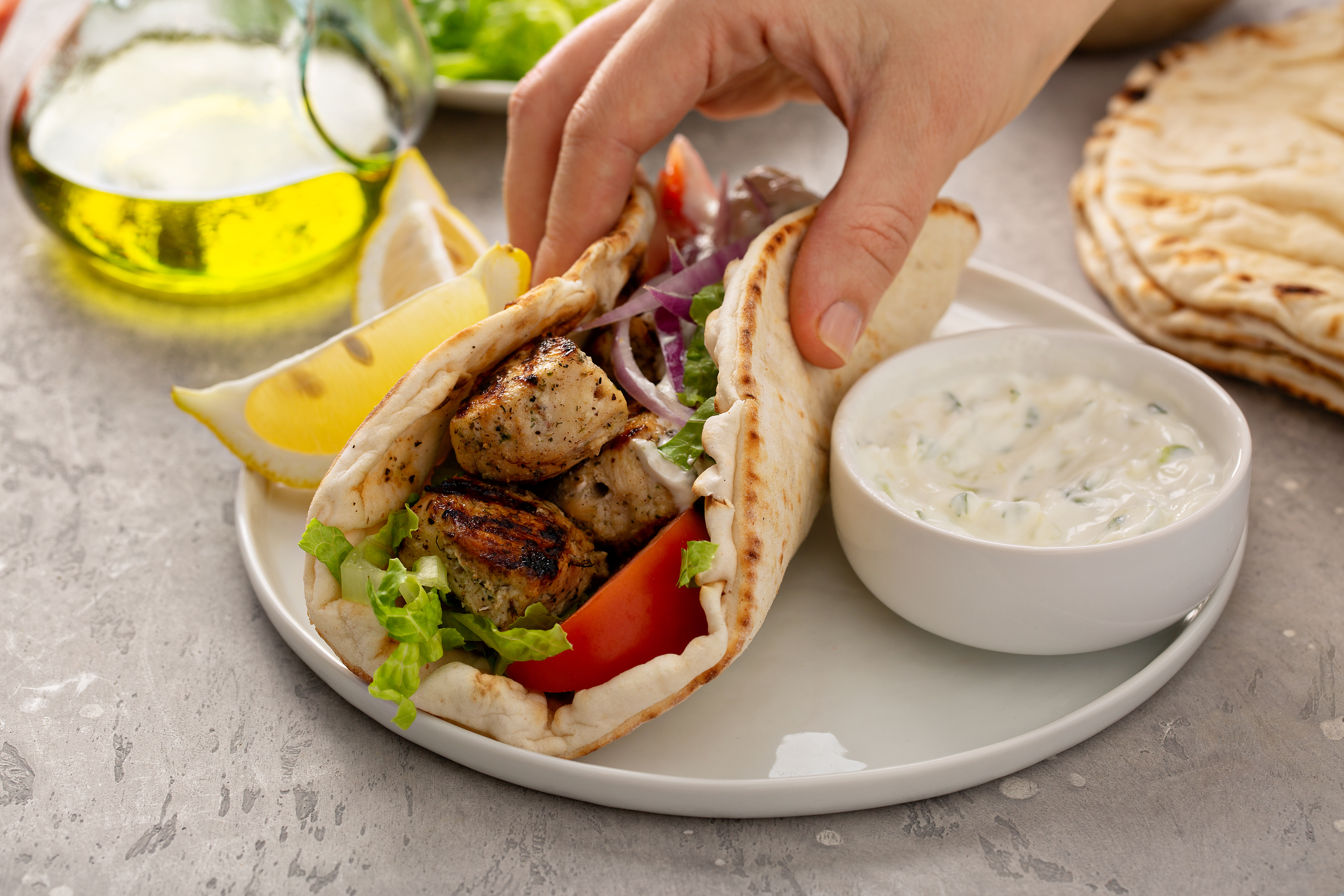 Photo of Greek Chicken Souvlaki Platter with Warm Pita & Tzatziki