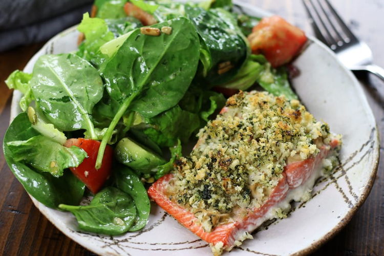 Photo of Herb Crusted Salmon w/ couscous almond salad.