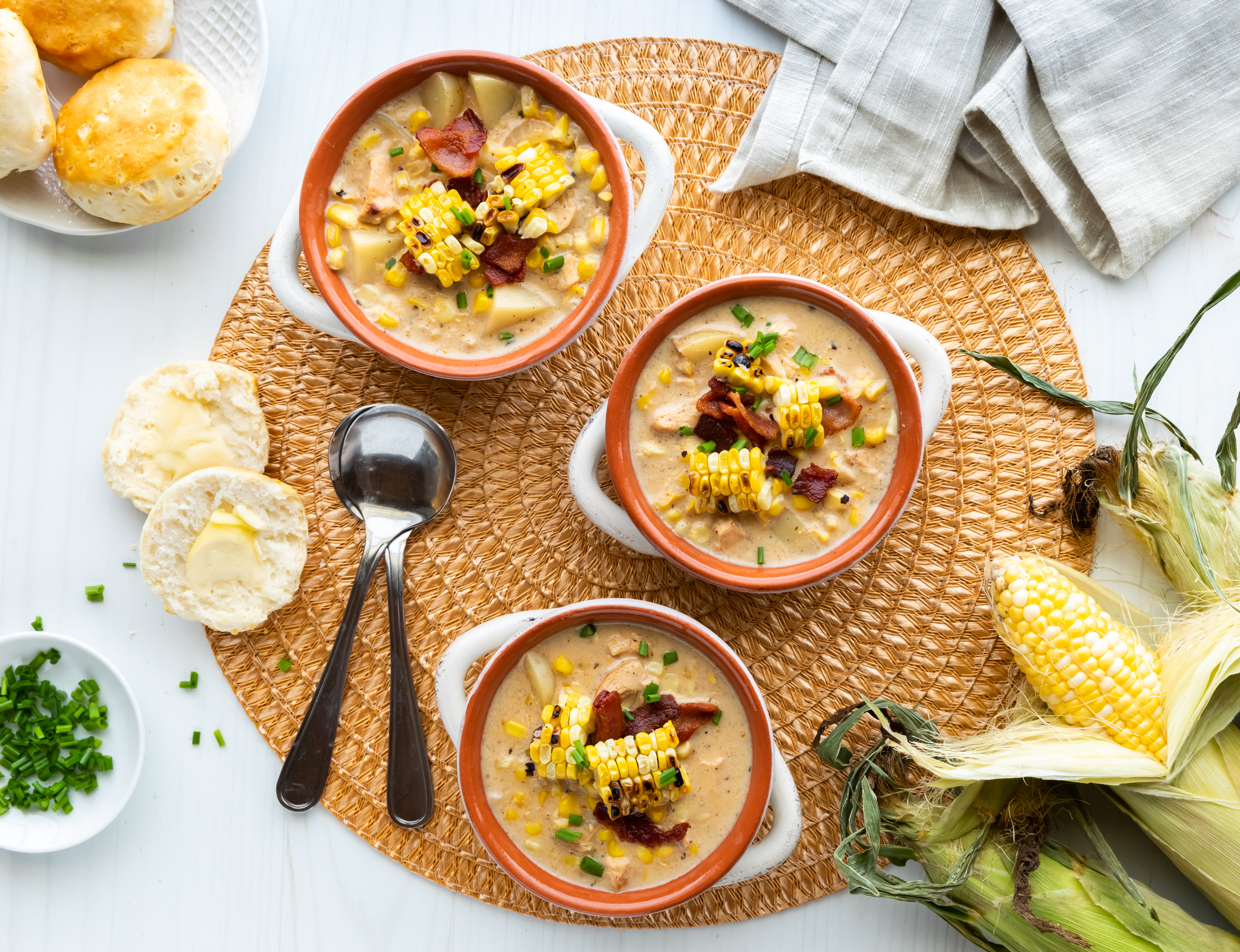 Photo of Chunky Green Chile Corn Chowder with Cheddar Jalapeno Biscuits 